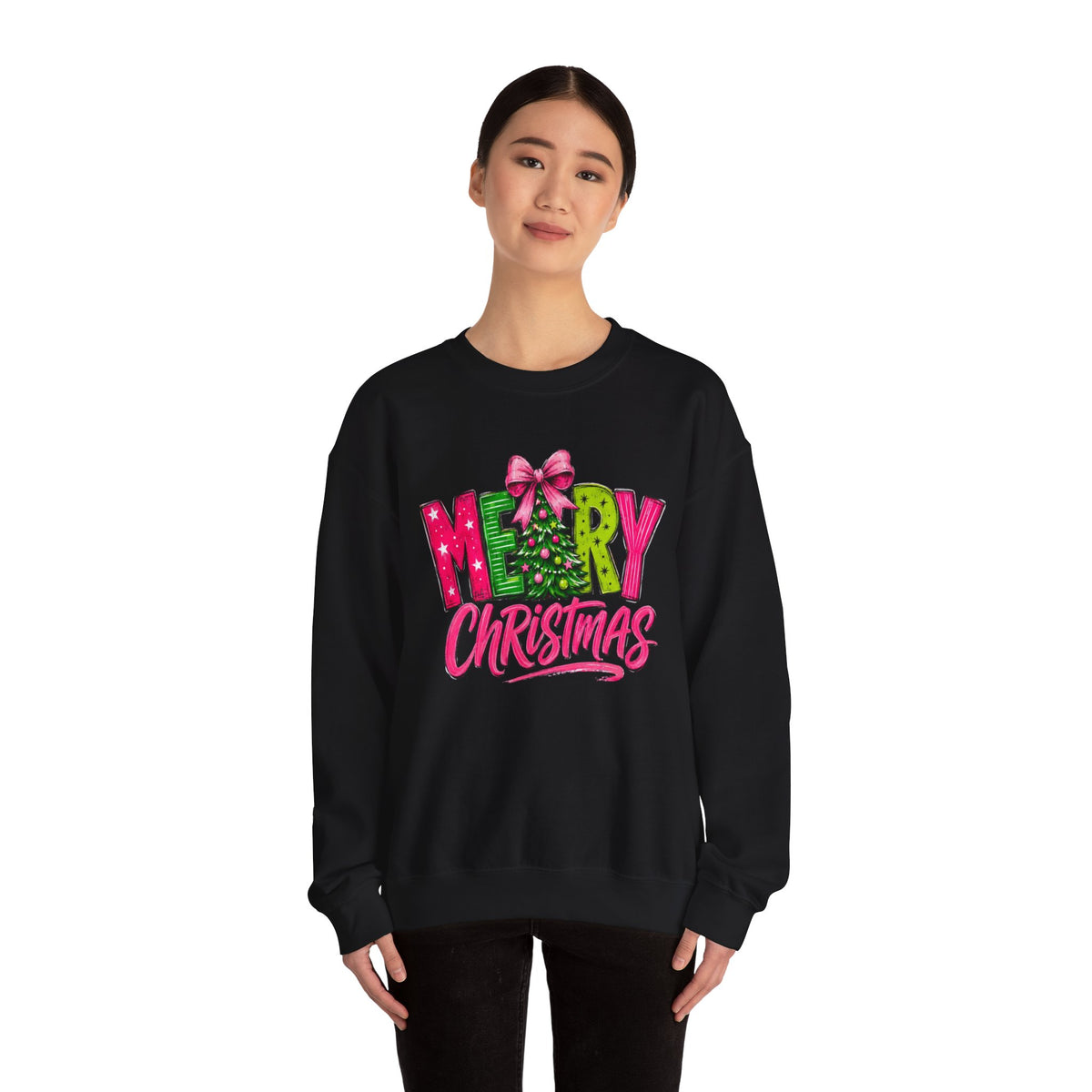 Crewneck Sweatshirt — Merry Christmas Pink & Green Holiday Tree Graphic