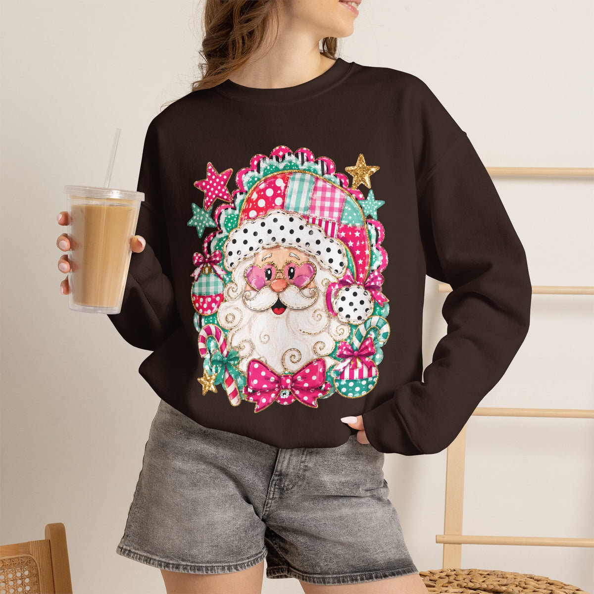 Pink Patchwork Santa Sweatshirt — Cute Christmas Crewneck for Women & Kids