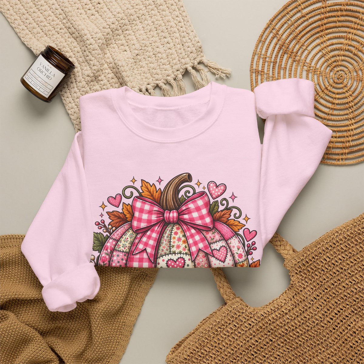 Hey Pumpkin Sweatshirt — Pink Plaid Pumpkin Crewneck for Fall & Valentine’s