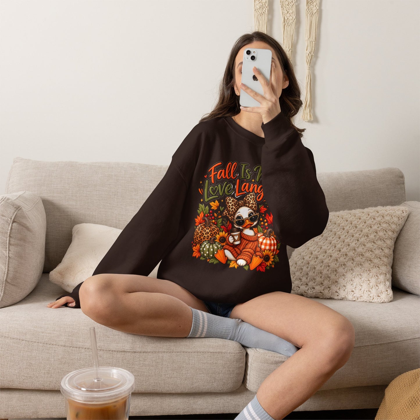 Fall Is My Love Language Duck Sweatshirt — Cute Autumn Duck & Pumpkins Crewneck
