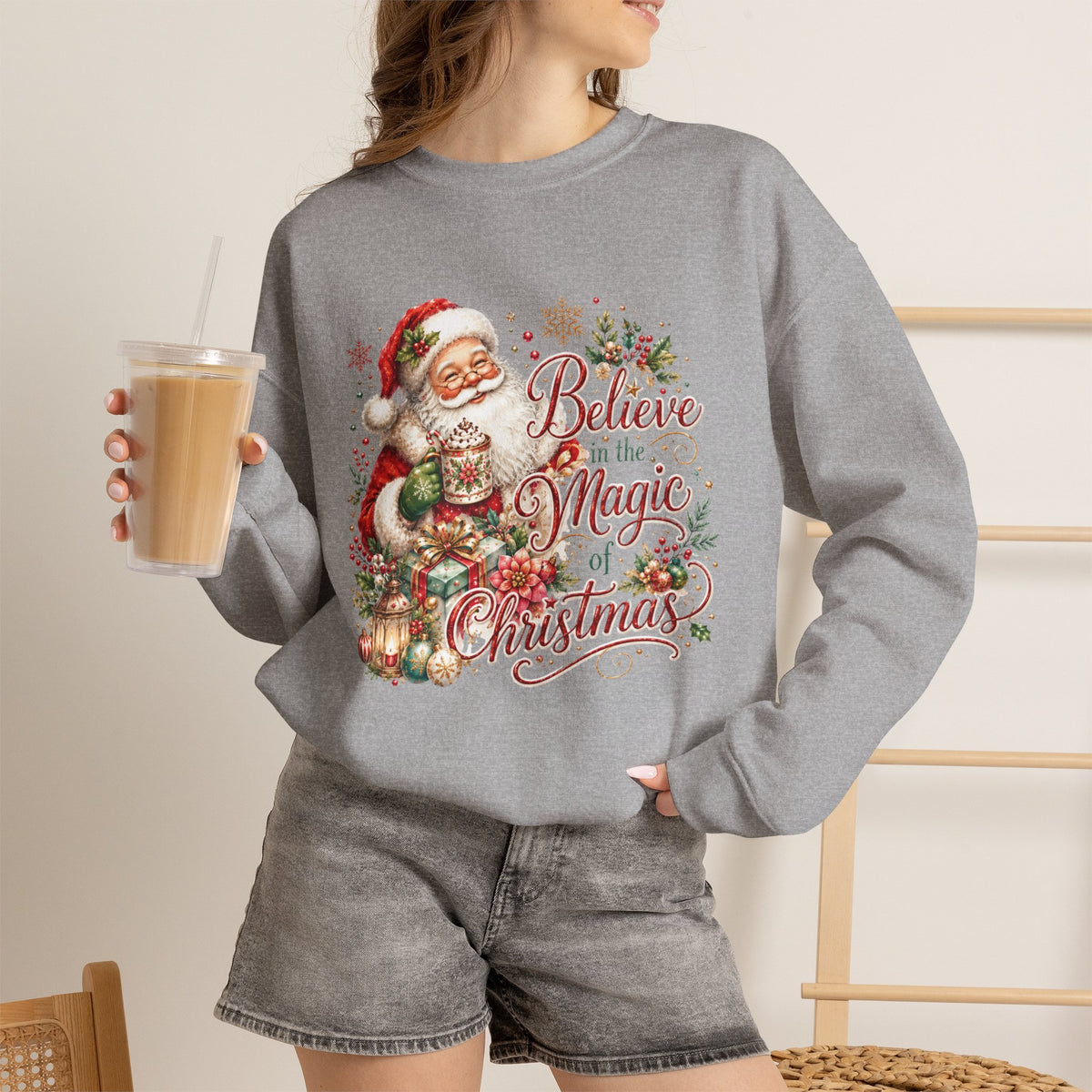 Believe in the Magic of Christmas Sweatshirt | Vintage Santa Christmas Crewneck for Women