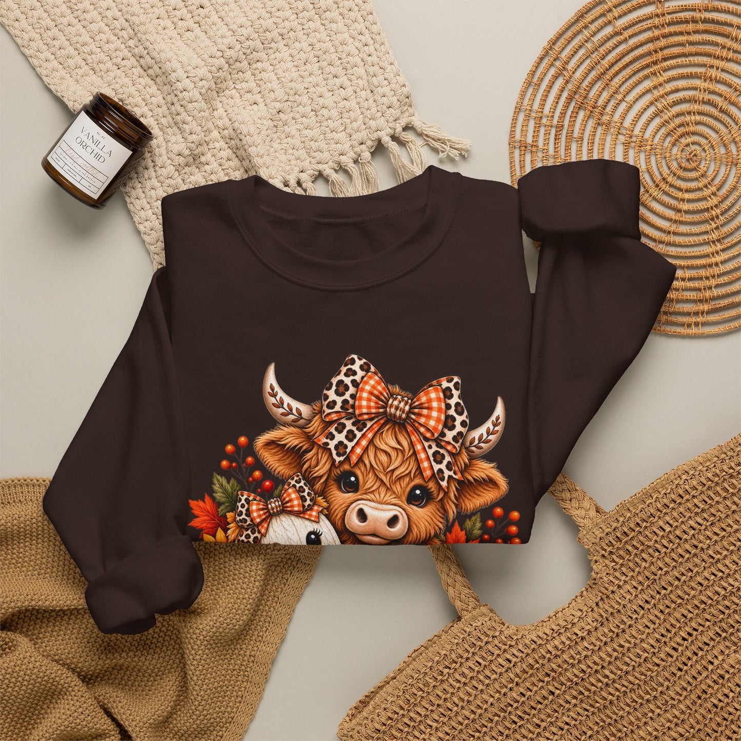 Autumn Highland Cow & Ghost Crewneck Sweatshirt — Cute Halloween Fall Graphic