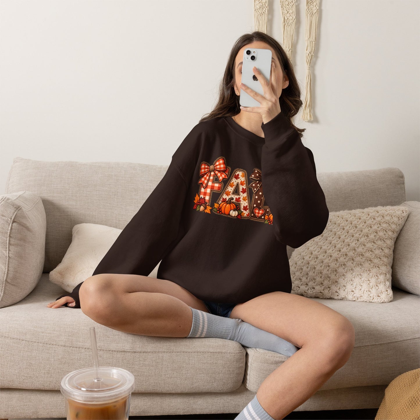Fall Plaid Crewneck Sweatshirt — Autumn Pumpkins & Bows Design