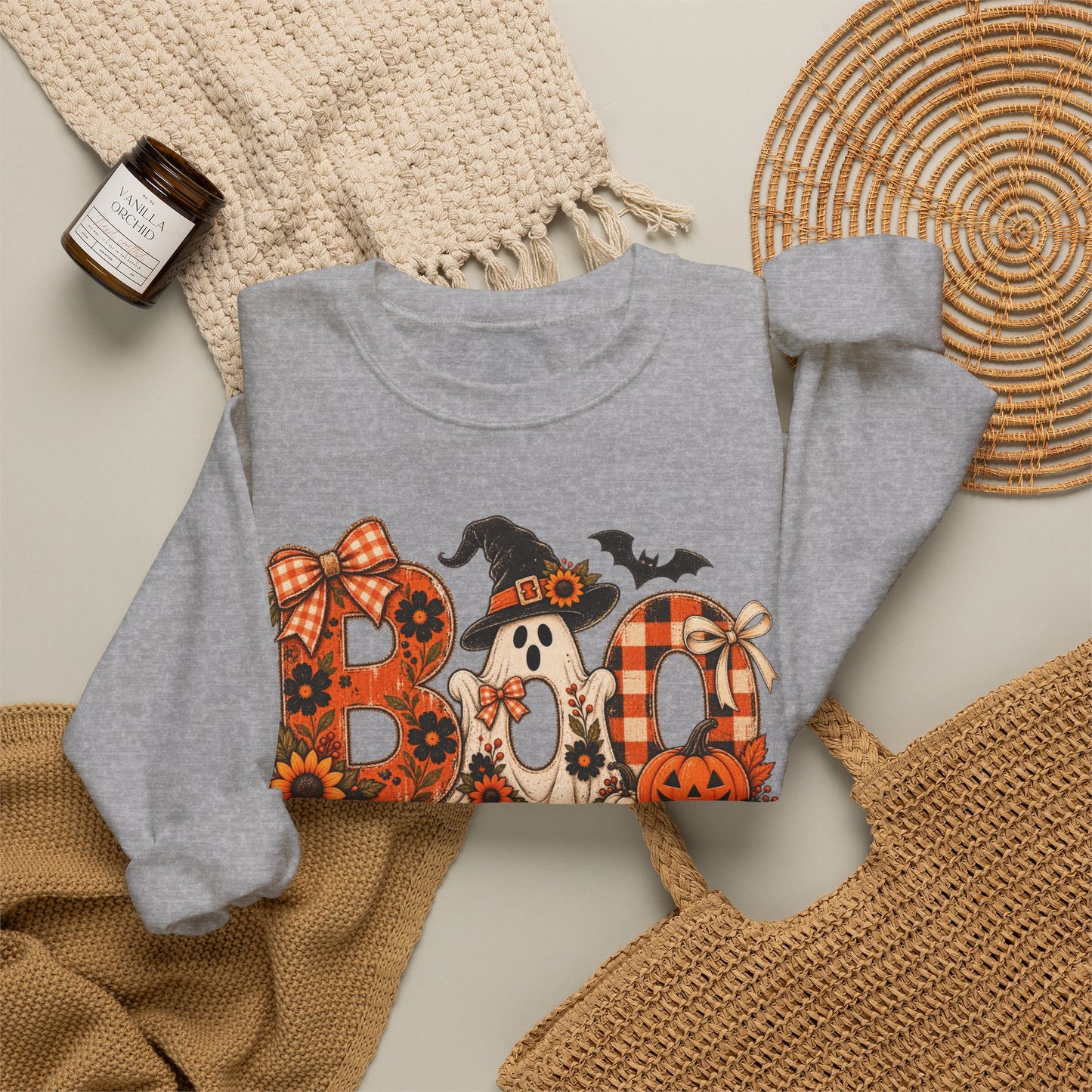 Halloween "Boo" Crewneck Sweatshirt — Cute Pumpkin & Ghost Fall Pullover