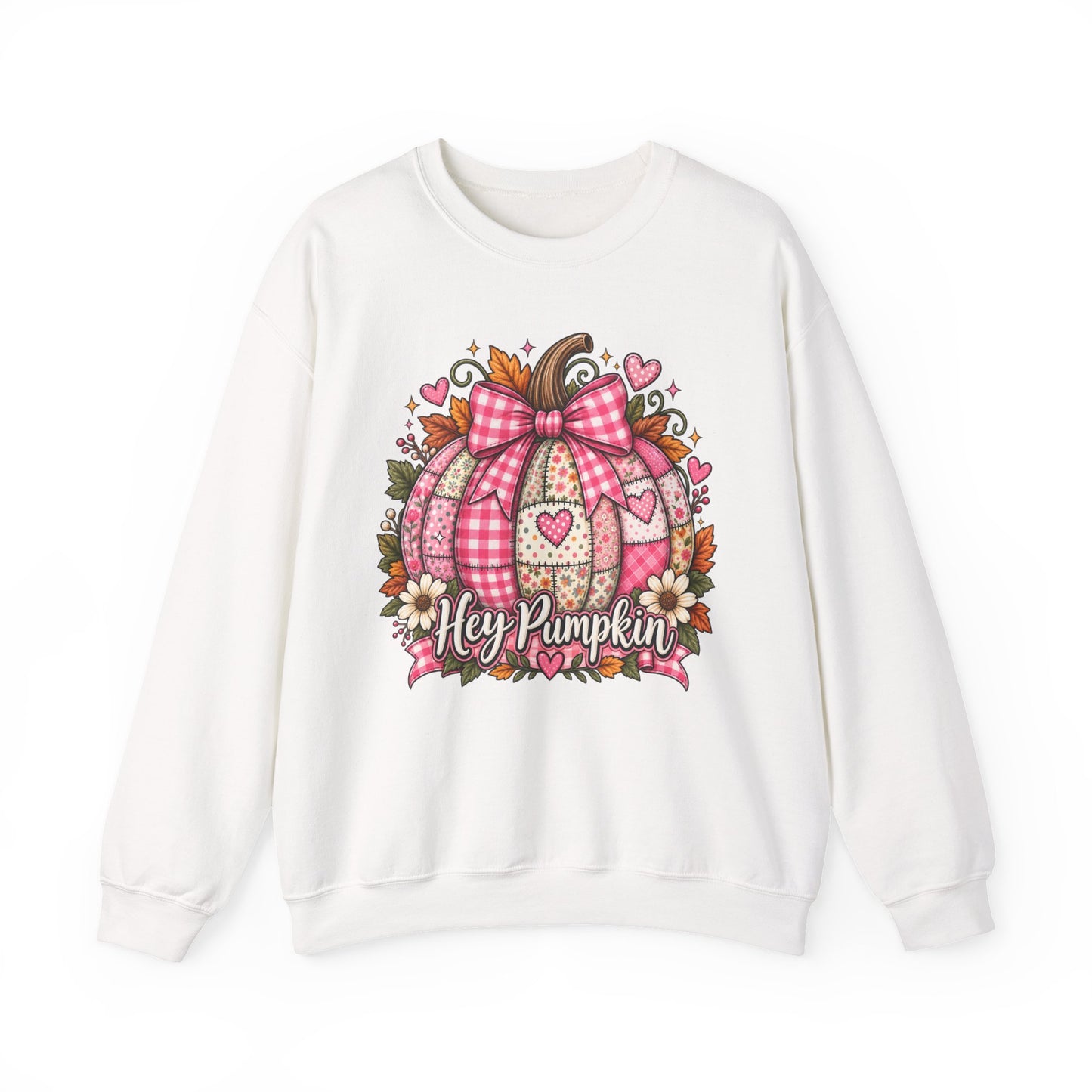 Hey Pumpkin Sweatshirt — Pink Plaid Pumpkin Crewneck for Fall & Valentine’s