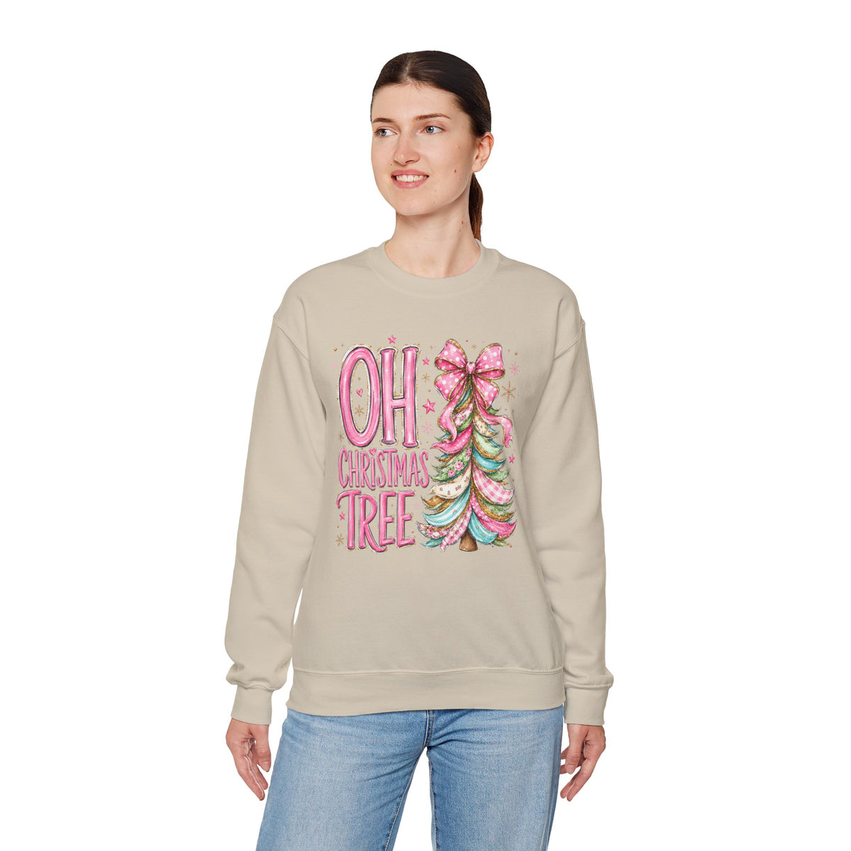 Oh Christmas Tree Sweatshirt | Pink Bow Christmas Crewneck for Women | Girly Holiday Graphic Sweatshirt