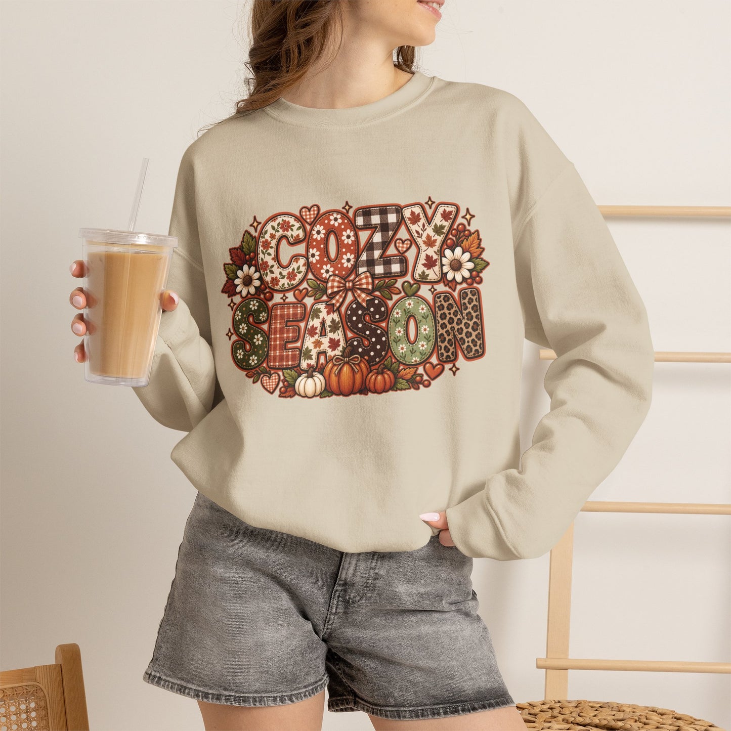 Cozy Season lettering crewneck | autumn pumpkins leaves sweatshirt