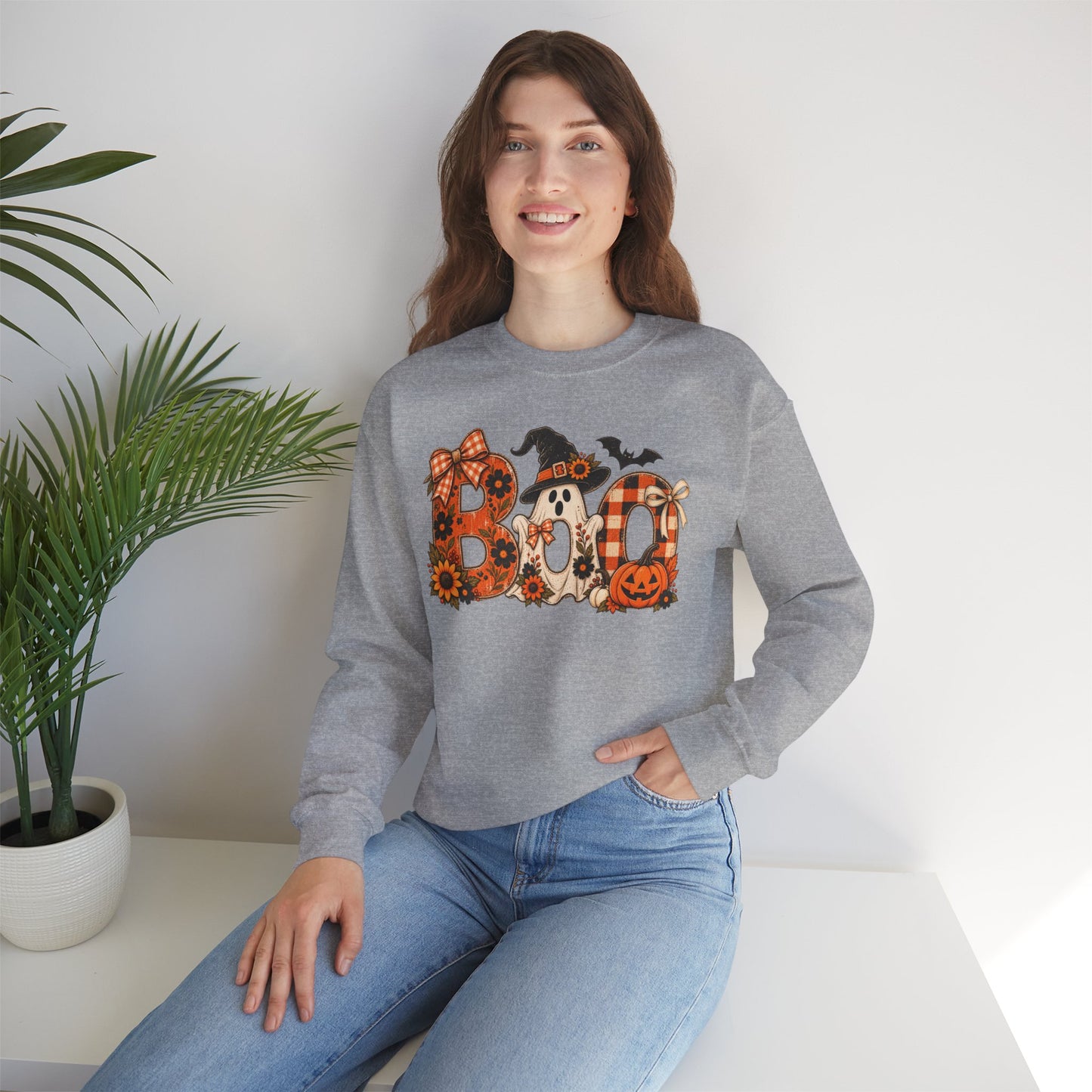Halloween "Boo" Crewneck Sweatshirt — Cute Pumpkin & Ghost Fall Pullover