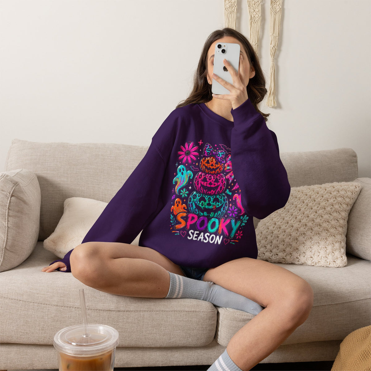 Spooky Season Sweatshirt — Colorful Neon Halloween Pumpkin & Ghost Crewneck