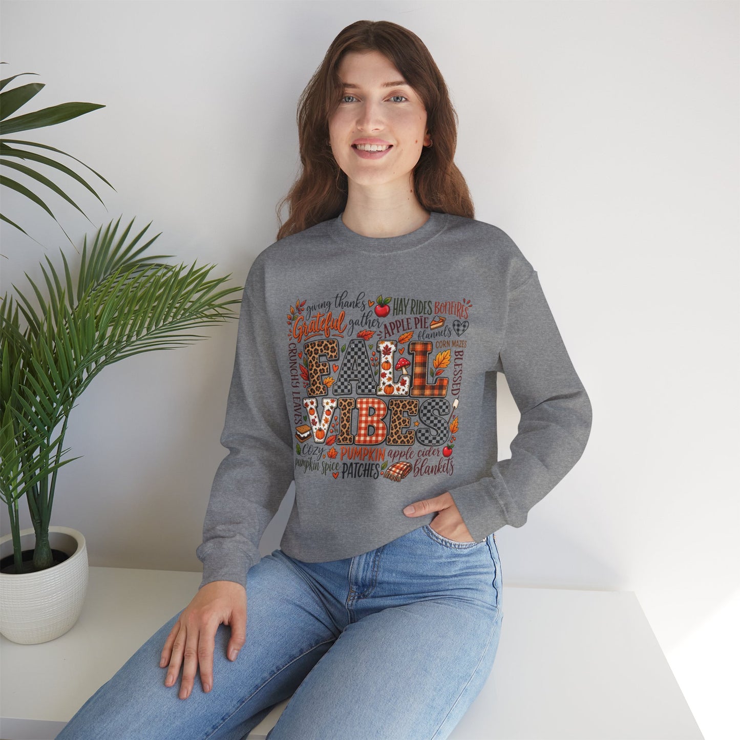 Fall Vibes Crewneck Sweatshirt — Autumn Leaves, Pumpkins & Cozy Plaid Design