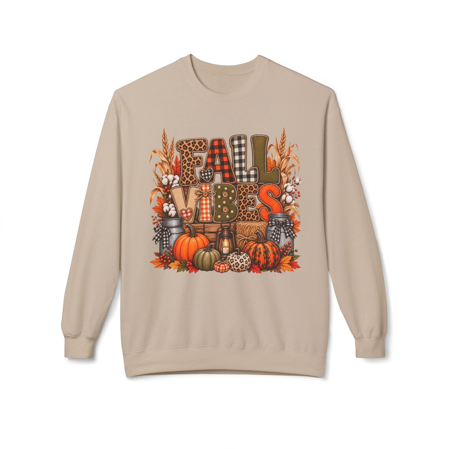 Fall Vibes Crewneck Sweatshirt — Pumpkin, Plaid & Harvest Graphic