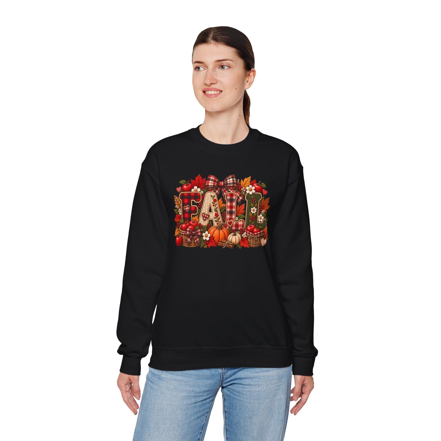 Fall Farmhouse Crewneck Sweatshirt — Pumpkin, Plaid & Autumn Decor Graphic
