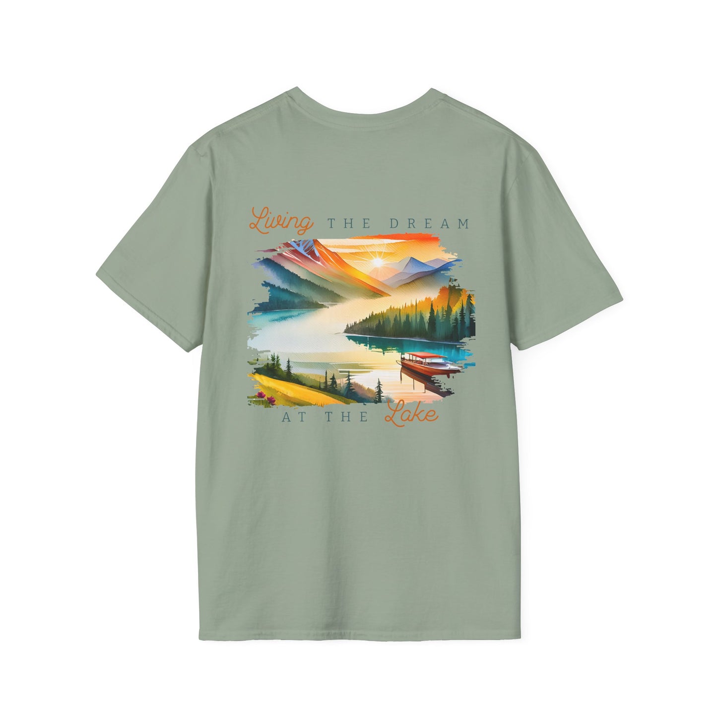 Lake Life T-Shirt — "Living the Dream at the Lake" Boat & Mountain Scene