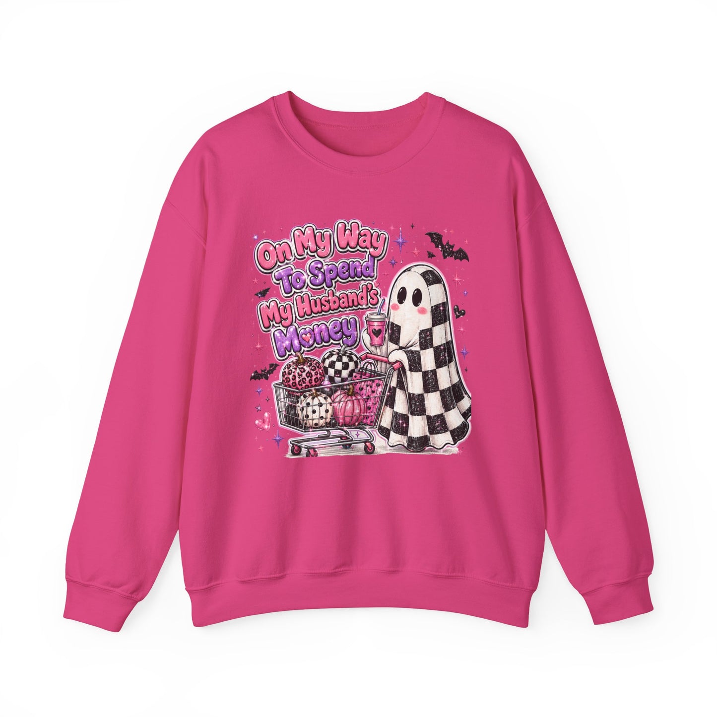 Ghost Shopping Crewneck Sweatshirt — "On My Way to Spend My Husband’s Money" Cute Gothic Halloween Pullover