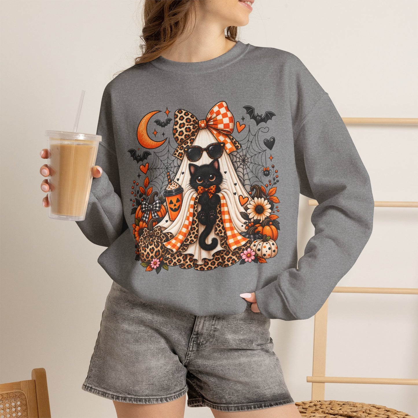 Halloween Black Cat Crewneck Sweatshirt — Cute Spooky Fall Sweater