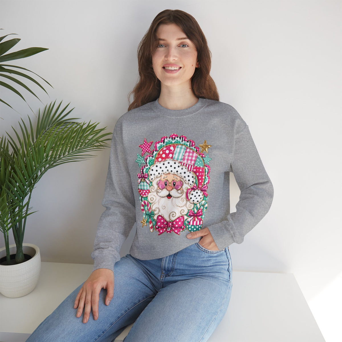 Pink Patchwork Santa Sweatshirt — Cute Christmas Crewneck for Women & Kids