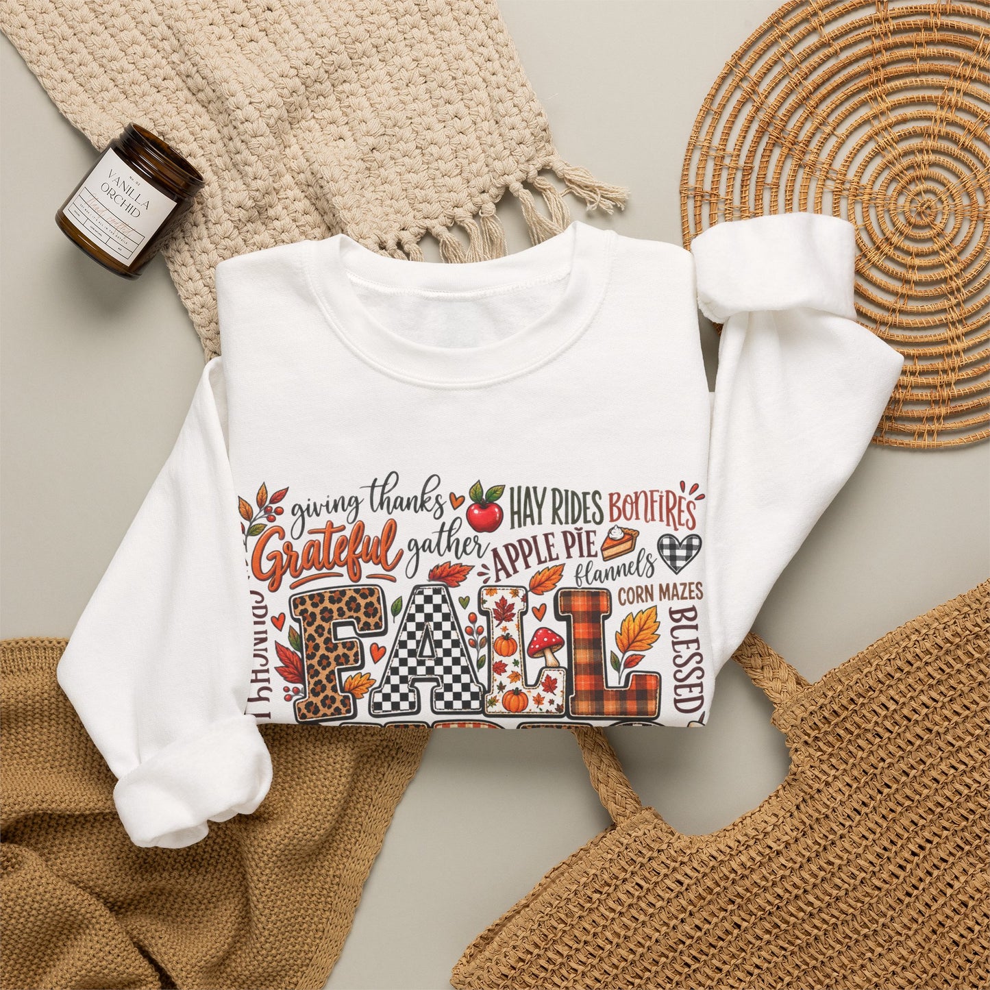 Fall Vibes Crewneck Sweatshirt — Autumn Leaves, Pumpkins & Cozy Plaid Design