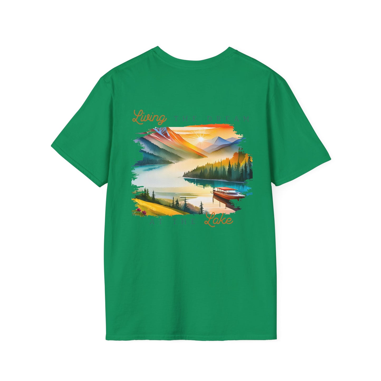 Lake Life T-Shirt — "Living the Dream at the Lake" Boat & Mountain Scene