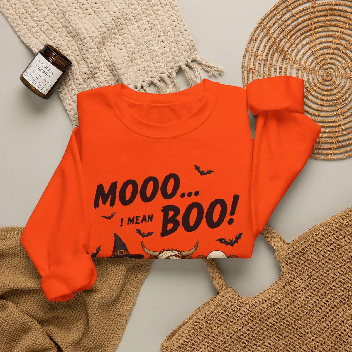 Halloween Cow Crewneck Sweatshirt — "Mooo... I Mean Boo!" Cute Farm Animals Costume Pullover
