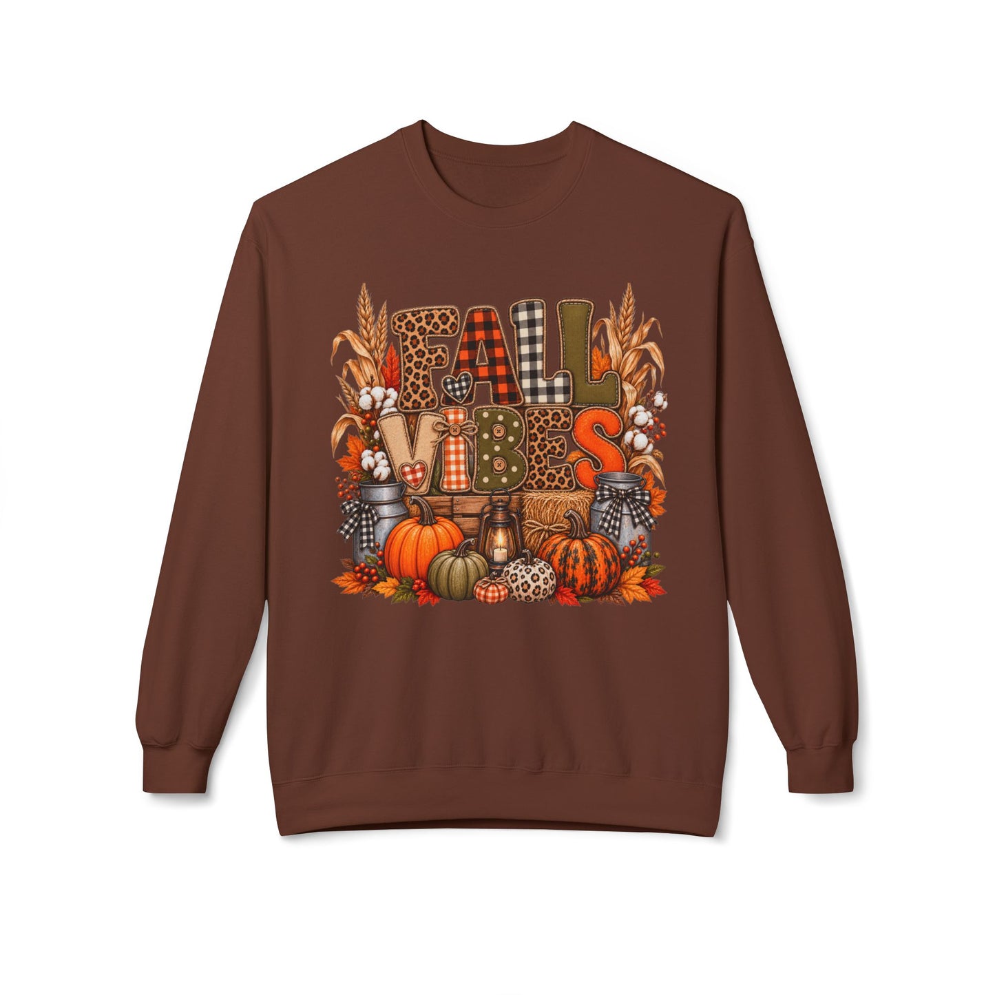 Fall Vibes Crewneck Sweatshirt — Pumpkin, Plaid & Harvest Graphic