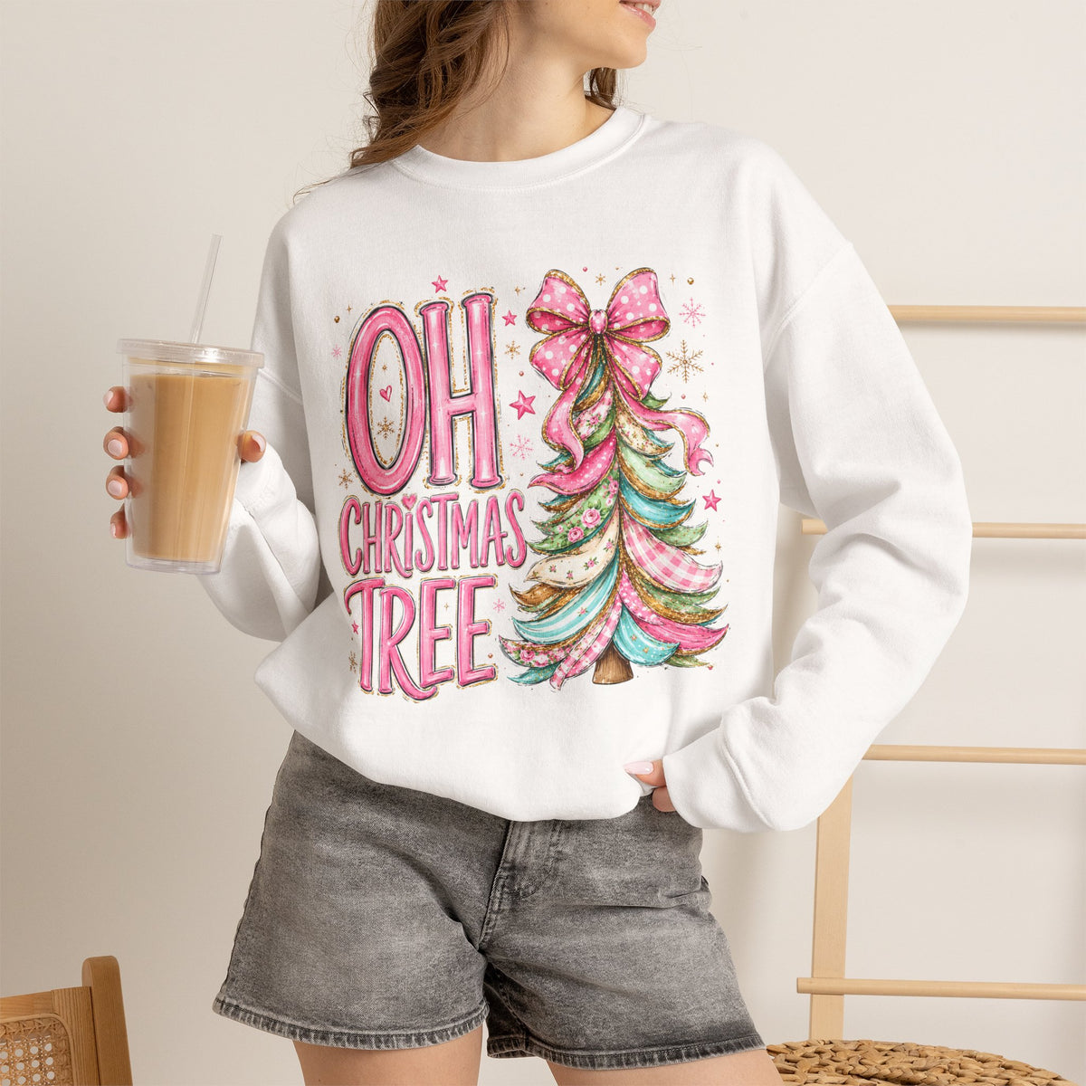 Oh Christmas Tree Sweatshirt | Pink Bow Christmas Crewneck for Women | Girly Holiday Graphic Sweatshirt
