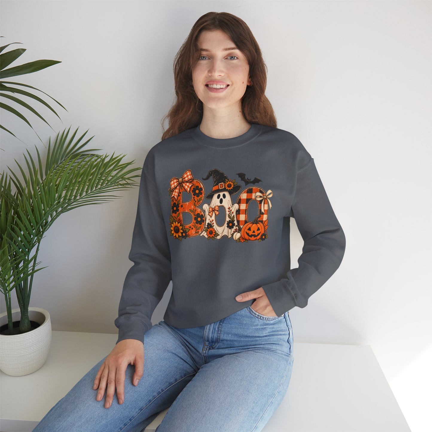 Halloween "Boo" Crewneck Sweatshirt — Cute Pumpkin & Ghost Fall Pullover