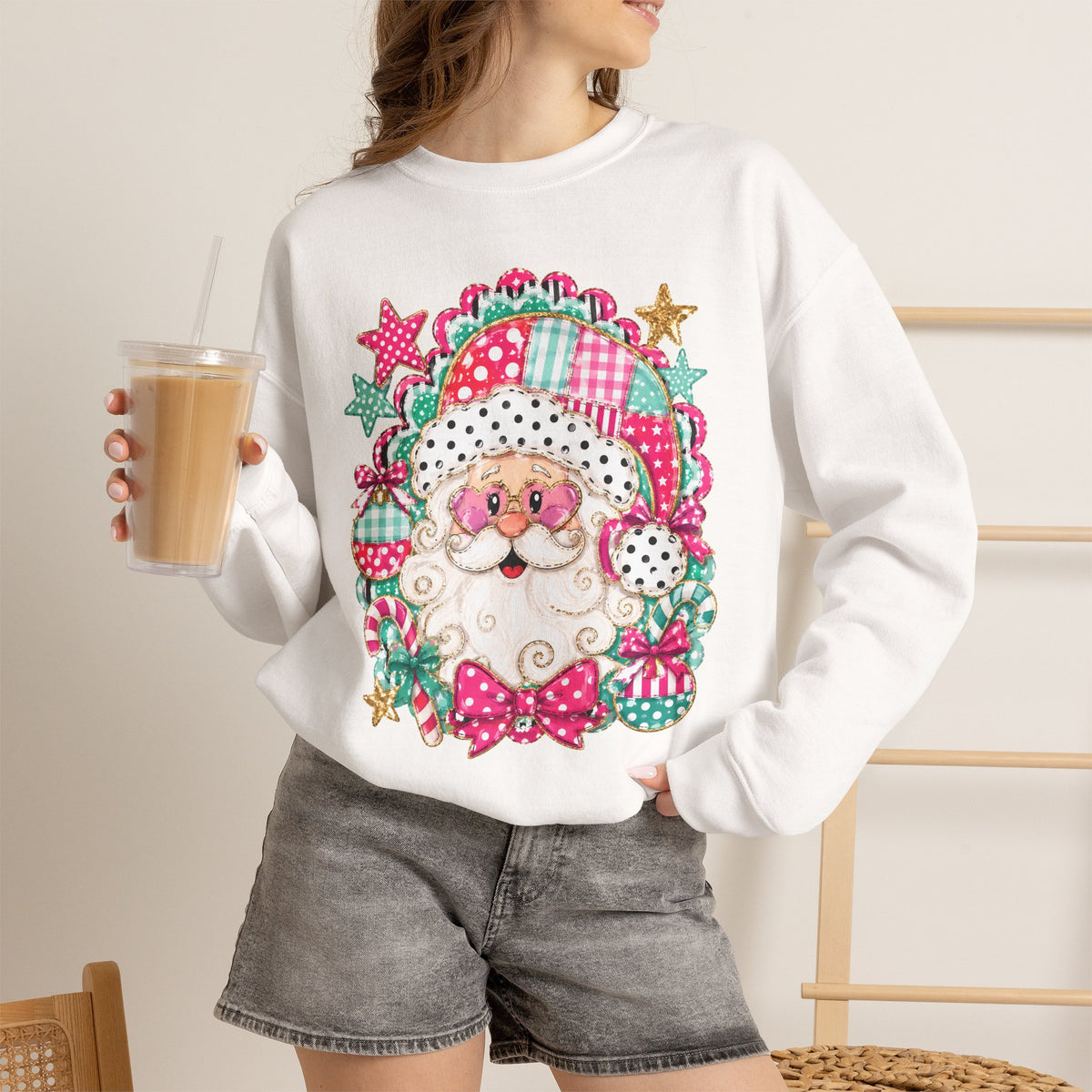 Pink Patchwork Santa Sweatshirt — Cute Christmas Crewneck for Women & Kids