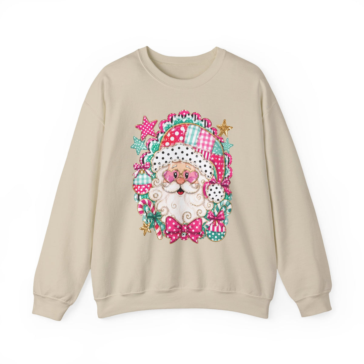 Pink Patchwork Santa Sweatshirt — Cute Christmas Crewneck for Women & Kids