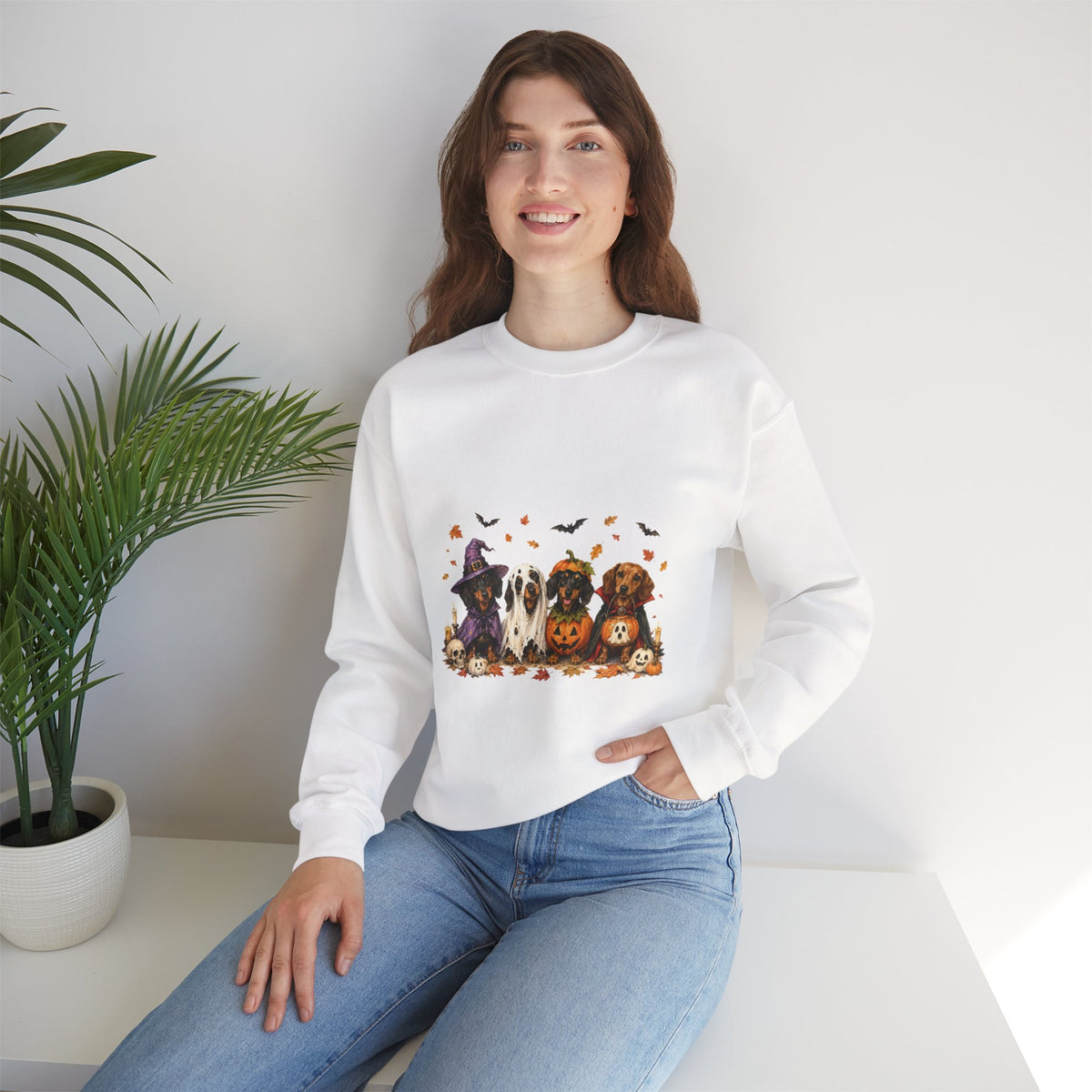 Halloween Dogs Crewneck Sweatshirt — Cute Pups in Witch Hats & Jack‑o’‑Lanterns