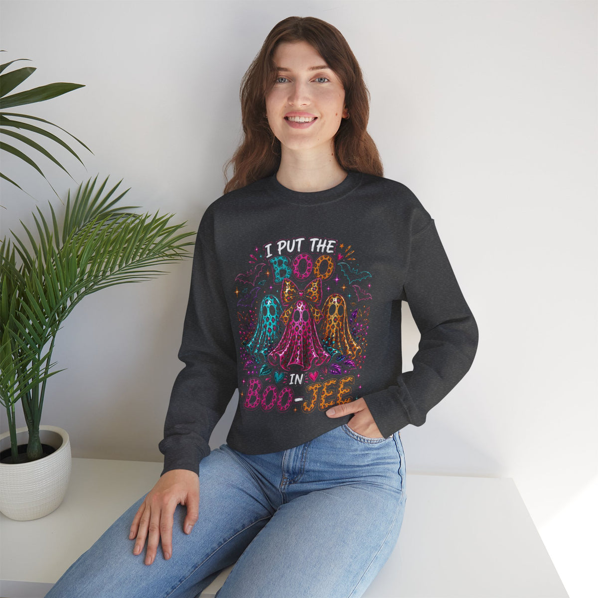 Halloween Crewneck Sweatshirt - "I Put the Boo in Boo-tee" Colorful Ghosts
