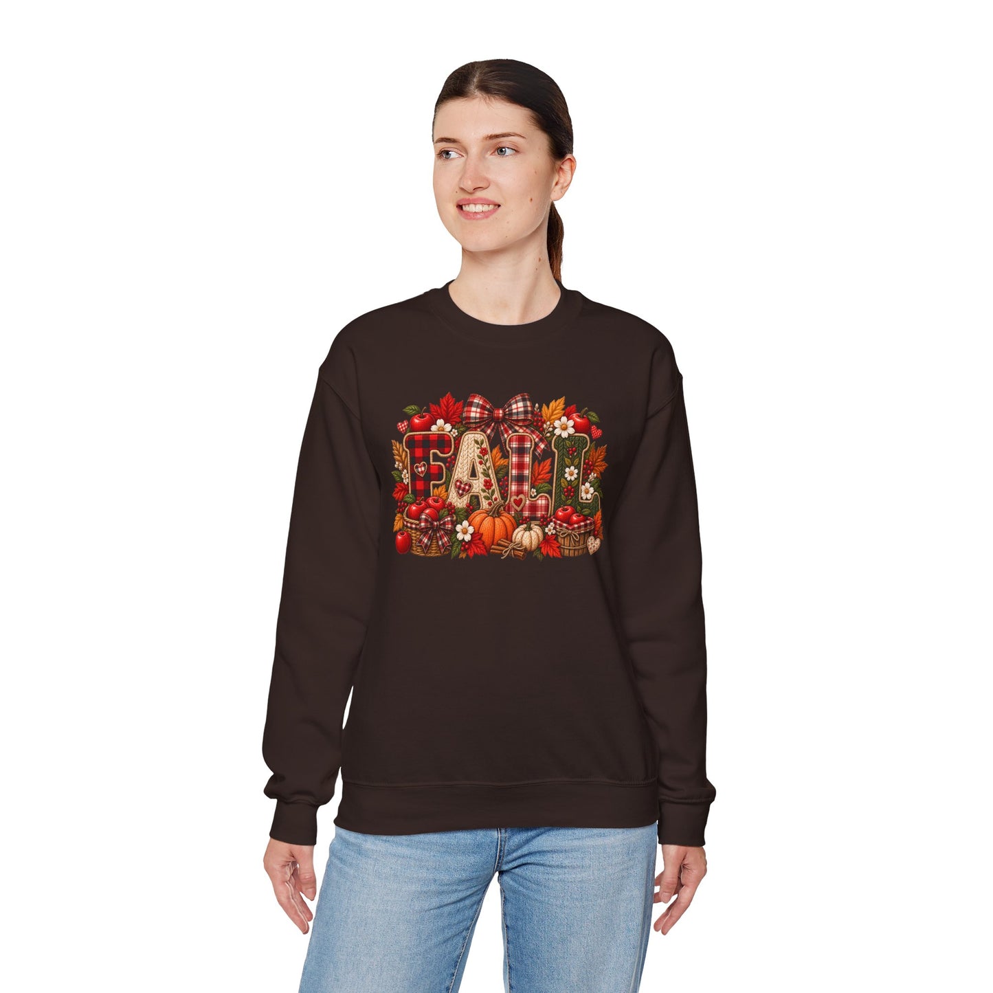 Fall Farmhouse Crewneck Sweatshirt — Pumpkin, Plaid & Autumn Decor Graphic