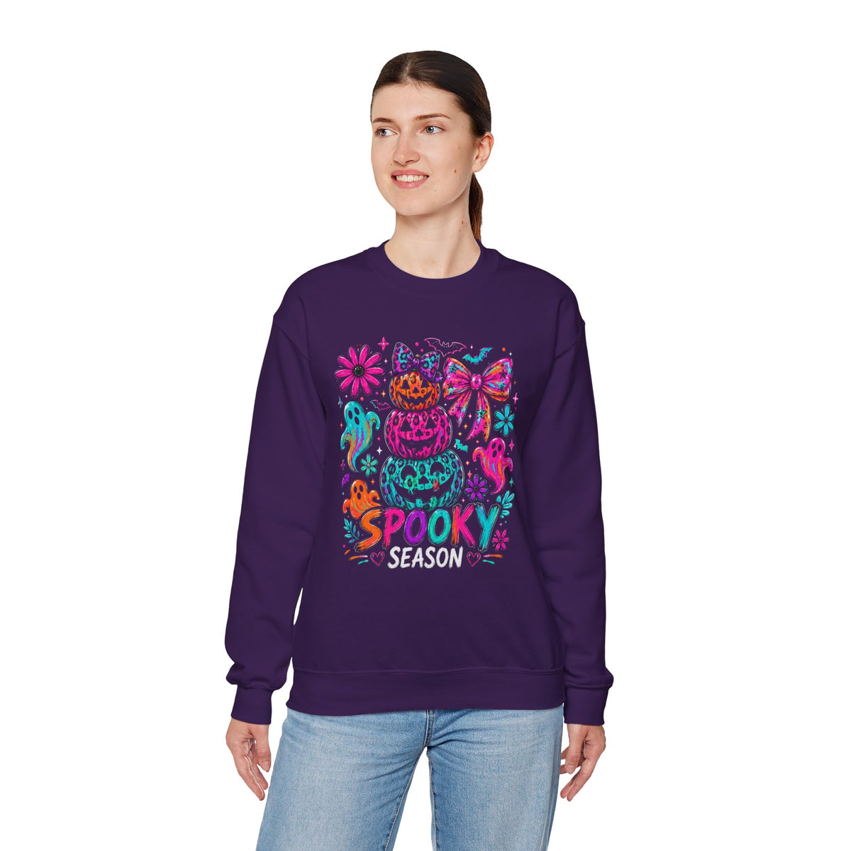 Spooky Season Sweatshirt — Colorful Neon Halloween Pumpkin & Ghost Crewneck
