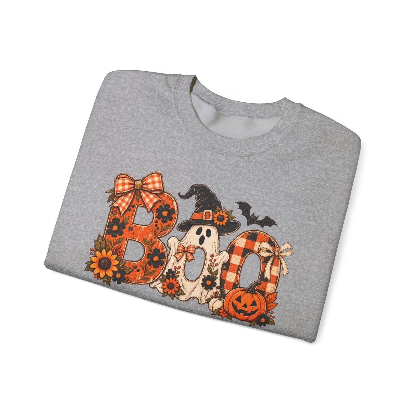 Halloween "Boo" Crewneck Sweatshirt — Cute Pumpkin & Ghost Fall Pullover