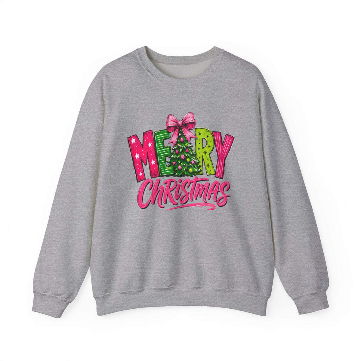 Crewneck Sweatshirt — Merry Christmas Pink & Green Holiday Tree Graphic
