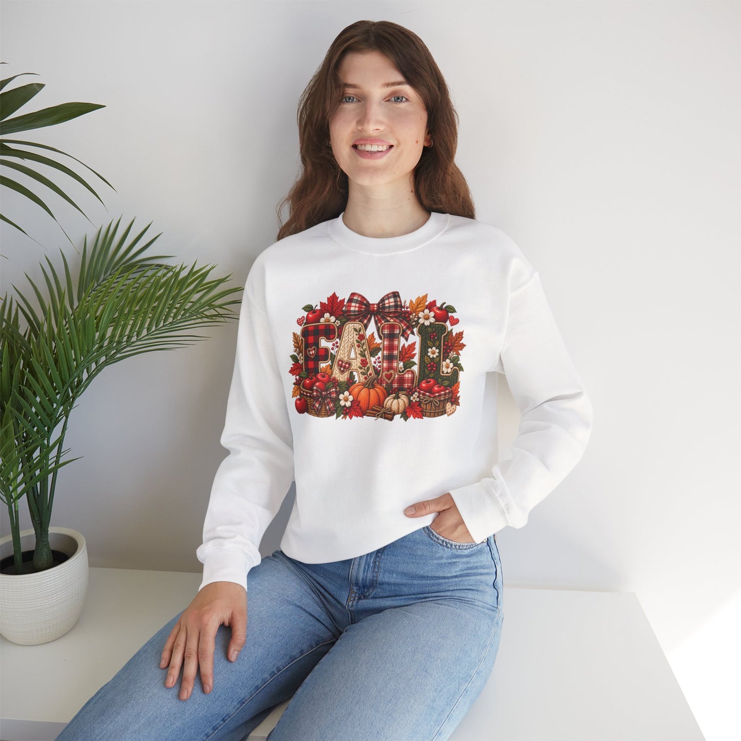 Fall Farmhouse Crewneck Sweatshirt — Pumpkin, Plaid & Autumn Decor Graphic
