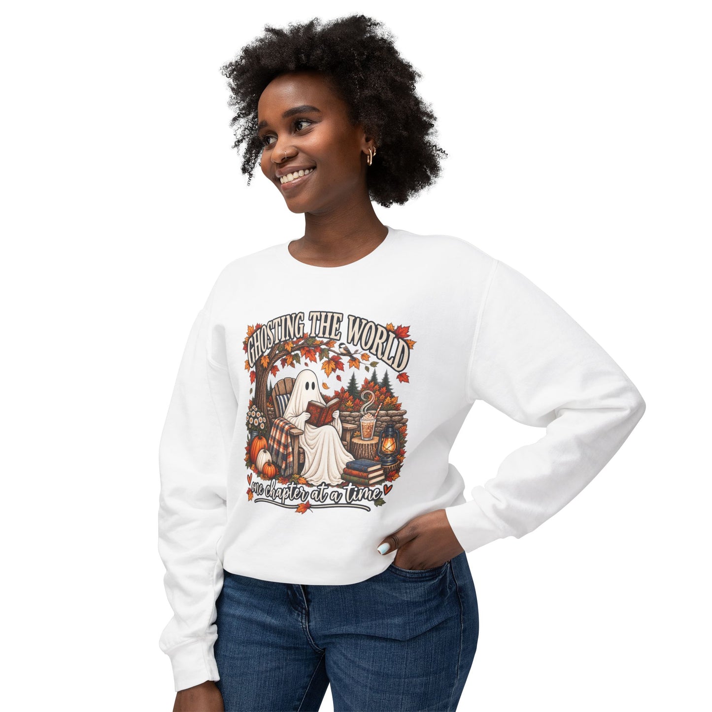 Ghosting the World fall ghost scene Sweatshirt | pumpkin, autumn leaves, spooky quote