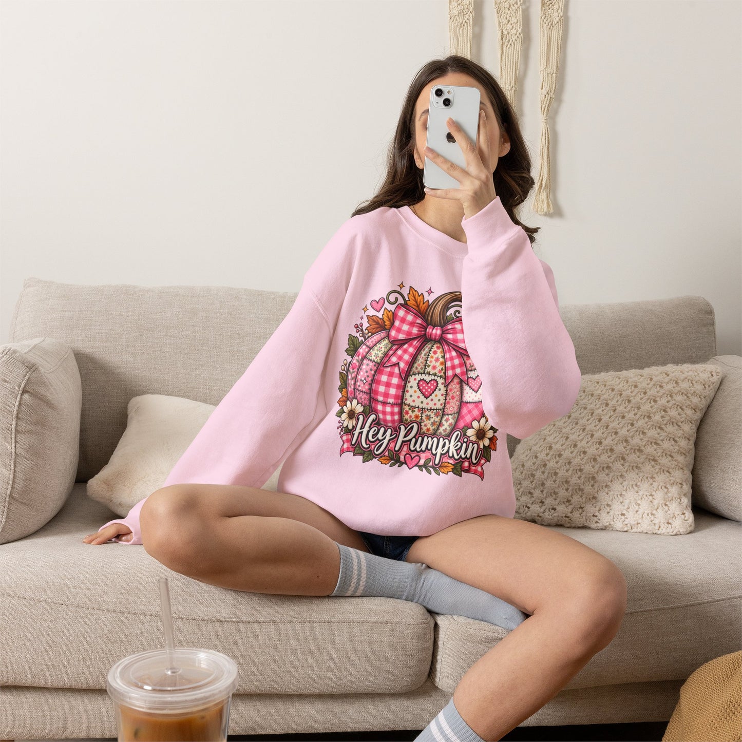 Hey Pumpkin Sweatshirt — Pink Plaid Pumpkin Crewneck for Fall & Valentine’s