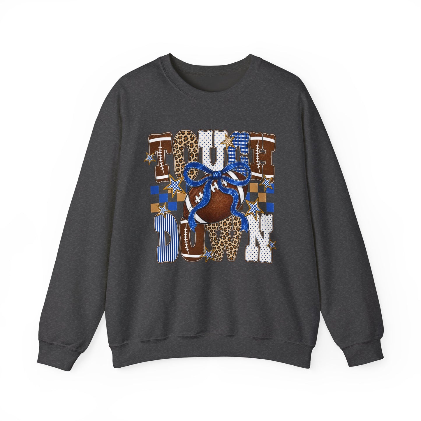Touchdown Football Crewneck Sweatshirt — Blue & Leopard Print Game Day Pullover