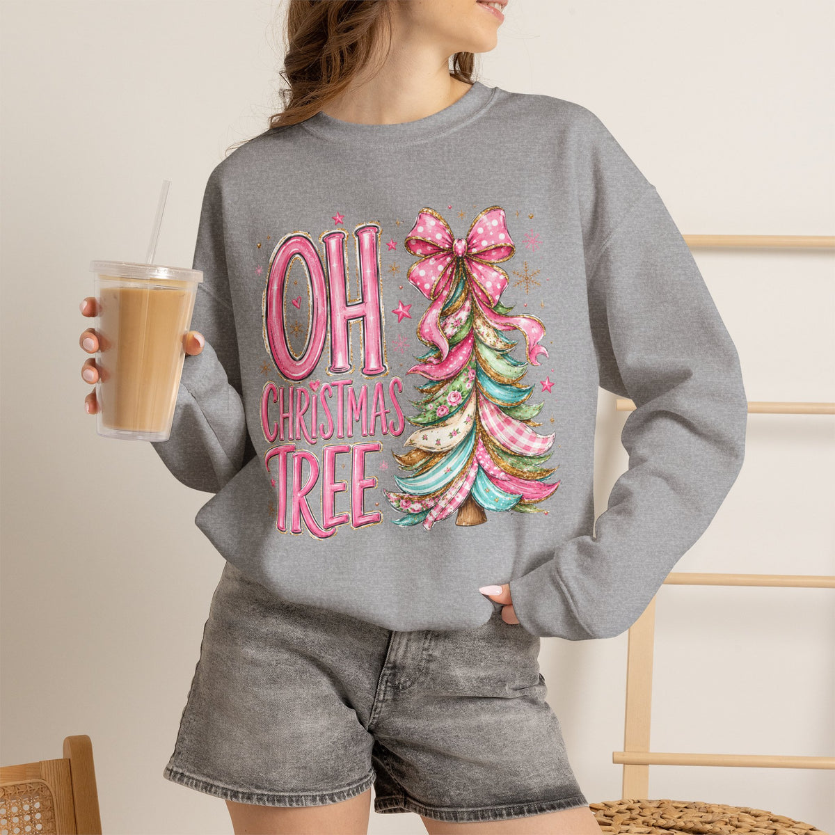 Oh Christmas Tree Sweatshirt | Pink Bow Christmas Crewneck for Women | Girly Holiday Graphic Sweatshirt