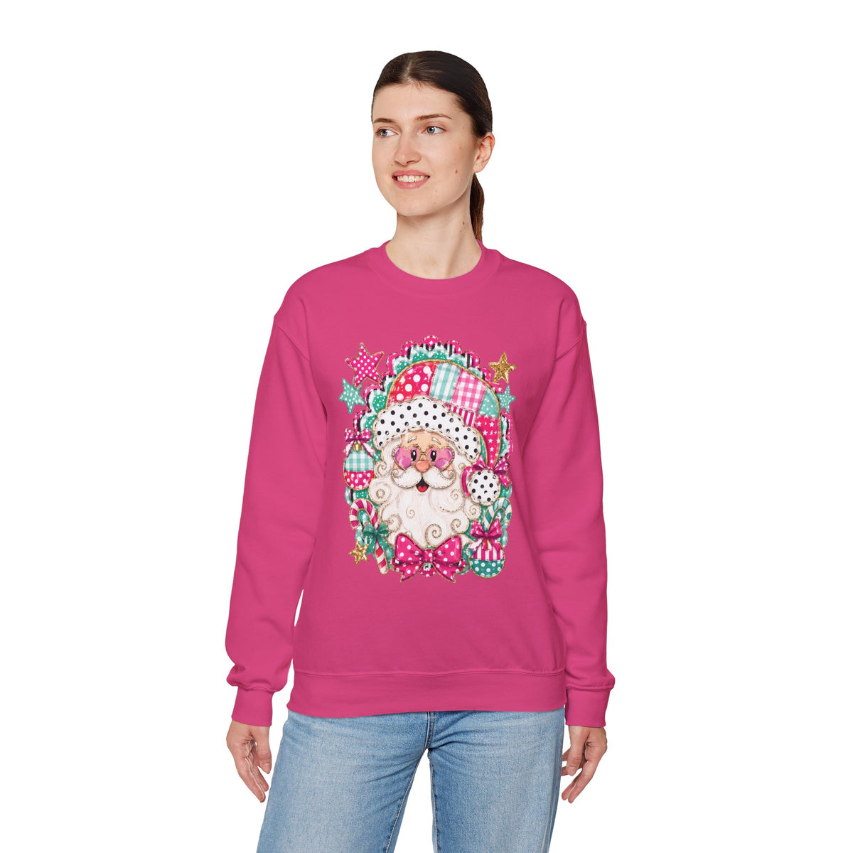Pink Patchwork Santa Sweatshirt — Cute Christmas Crewneck for Women & Kids