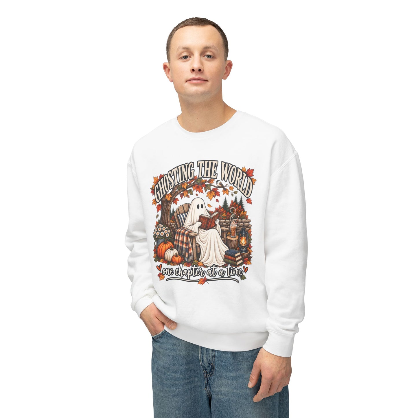 Ghosting the World fall ghost scene Sweatshirt | pumpkin, autumn leaves, spooky quote