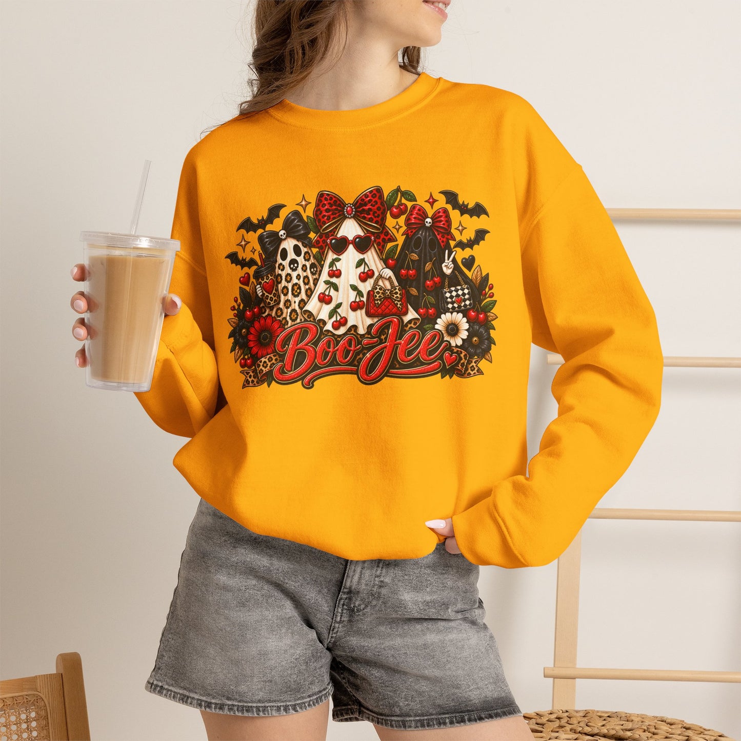 Halloween Boo Crewneck Sweatshirt — Cute Ghosts, Bats & Plaid Pumpkin Design