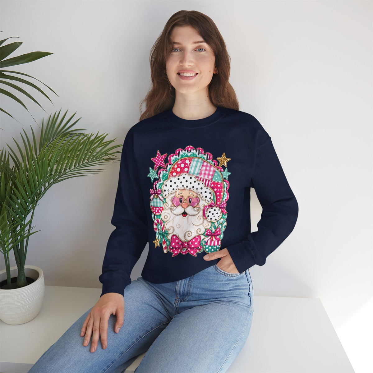 Pink Patchwork Santa Sweatshirt — Cute Christmas Crewneck for Women & Kids
