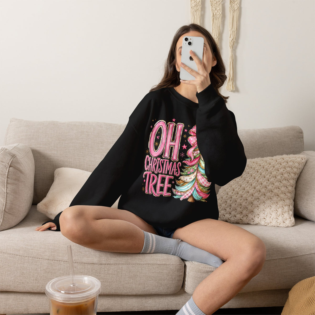 Oh Christmas Tree Sweatshirt | Pink Bow Christmas Crewneck for Women | Girly Holiday Graphic Sweatshirt