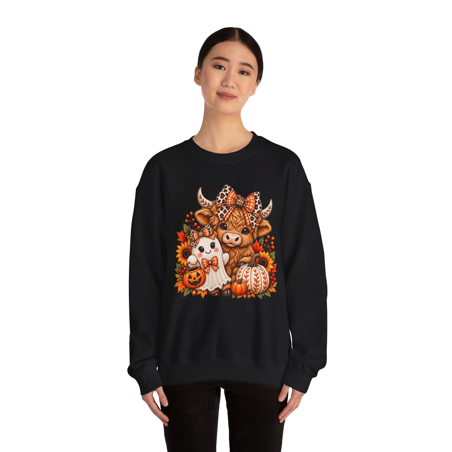 Autumn Highland Cow & Ghost Crewneck Sweatshirt — Cute Halloween Fall Graphic