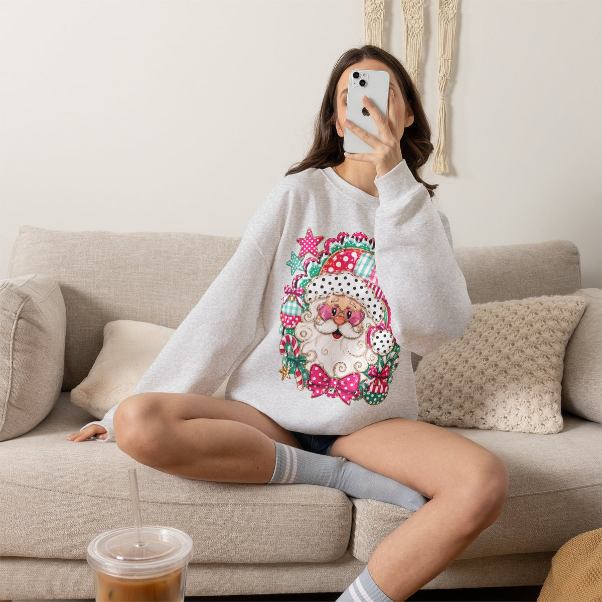 Pink Patchwork Santa Sweatshirt — Cute Christmas Crewneck for Women & Kids