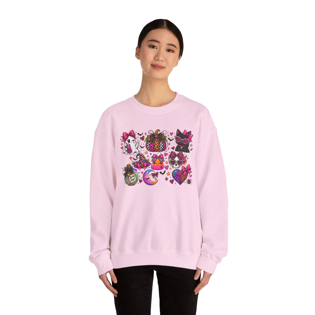 Halloween Cat & Pumpkin Crewneck Sweatshirt — Colorful Spooky Cute Design