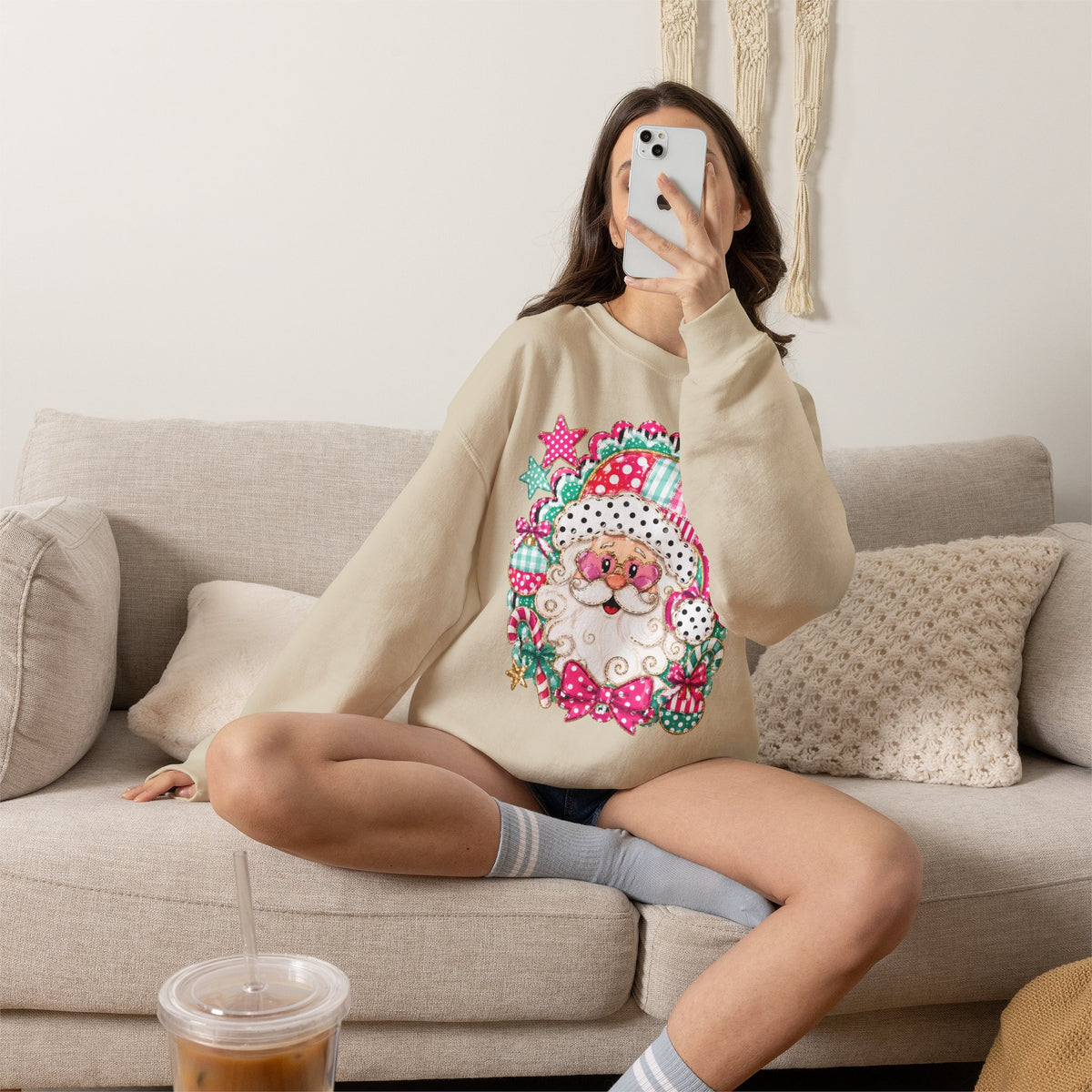 Pink Patchwork Santa Sweatshirt — Cute Christmas Crewneck for Women & Kids