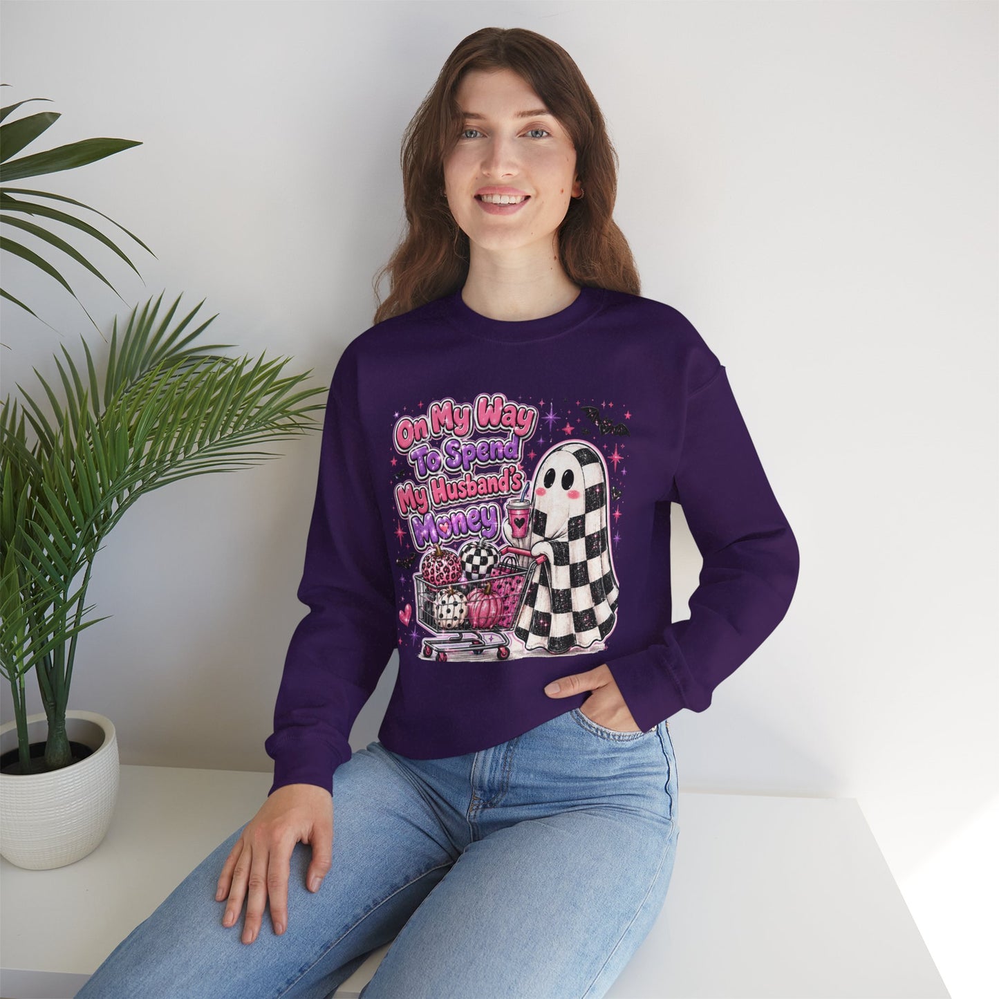 Ghost Shopping Crewneck Sweatshirt — "On My Way to Spend My Husband’s Money" Cute Gothic Halloween Pullover