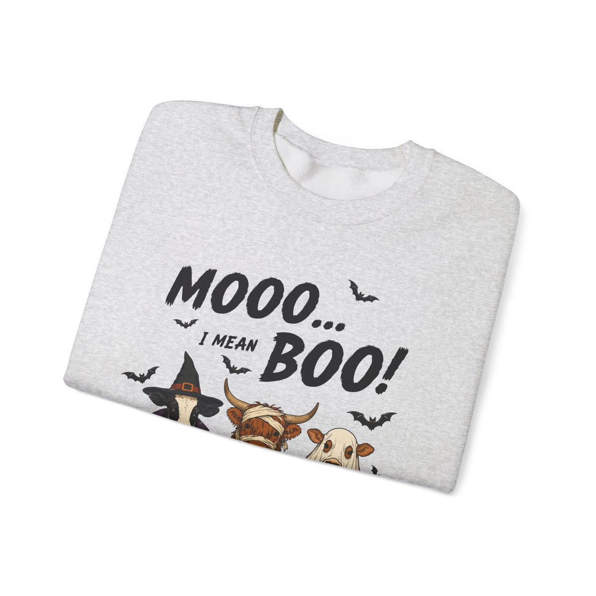 Halloween Cow Crewneck Sweatshirt — "Mooo... I Mean Boo!" Cute Farm Animals Costume Pullover